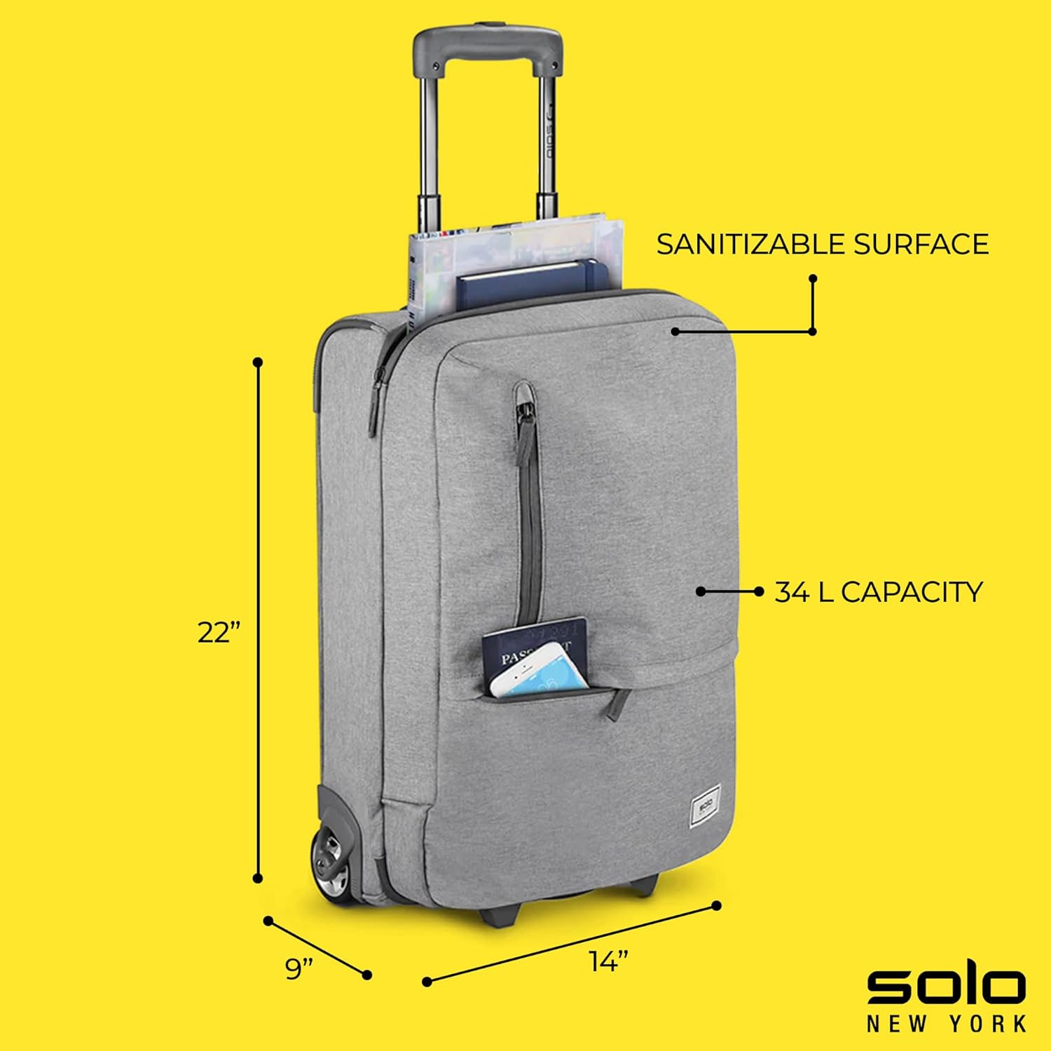 Solo New York 22 Inch Carry On Luggage - Softside Suitcases for Travel, Wheeled Rolling Bag, 2 Wheel Upright