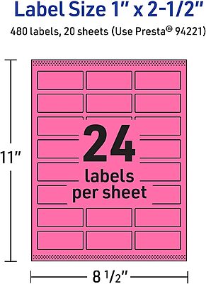 Avery Printable Rectangle Labels, Sure Feed Technology, 1" x 2-1/2", Bright Pink, Laser/Inkjet Printable