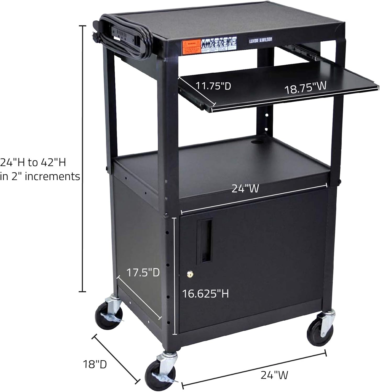 LUXOR AVJ42KBC Adjustable Steel A/V Cart - Cabinet with Pullout Trays