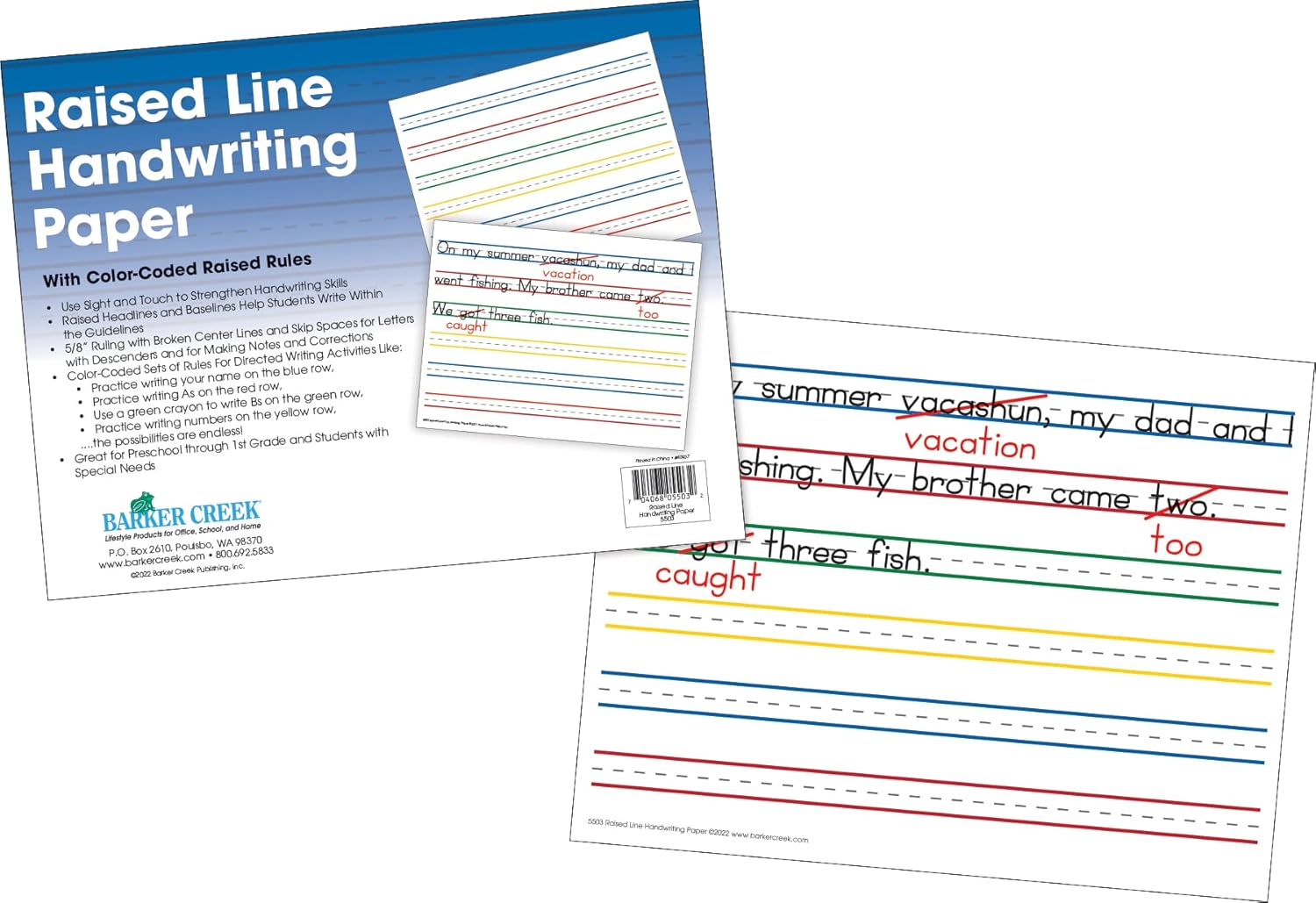 Barker Creek Raised Line Handwriting Paper with Color-Coded Raised Rules, 8.5 x 11
