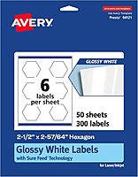 Avery Glossy White Hexagon Labels, Sure Feed Technology, 2-1/2" x 2-57/64", Print-to-The-Edge, Permanent Adhesive, Laser/Inkjet Printable