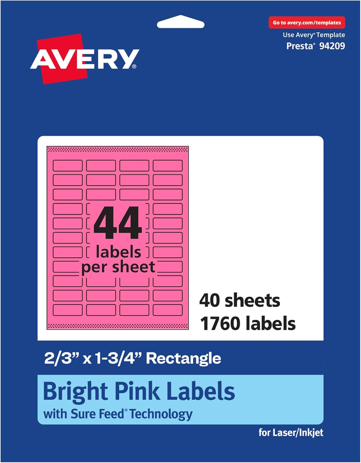 Avery Printable Rectangle Labels, Sure Feed Technology, 2/3" x 1-3/4", Bright Pink, Print-to-The-Edge, Laser/Inkjet Printable