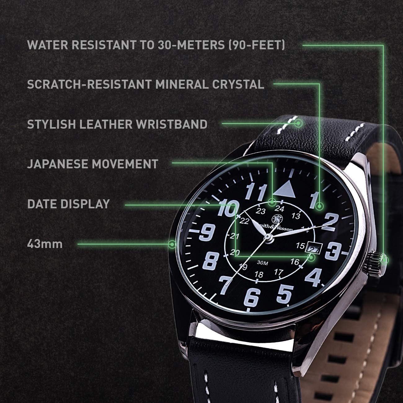 Smith & Wesson Men's Civilian Watch, 3ATM, Tough Stainless Steel case, Genuine Leather Strap, Tactical Watch