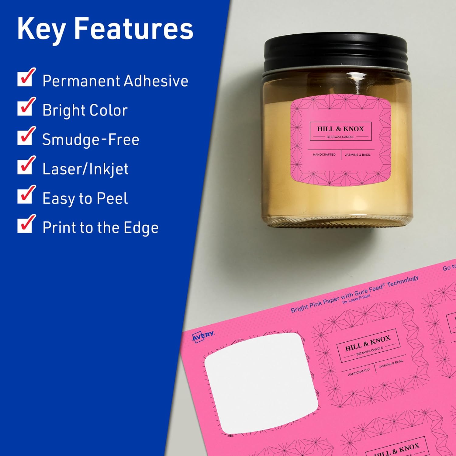 Avery Printable Arched Square Labels with Sure Feed Technology, 2" x 2-3/16", Bright Pink, Print-to-The-Edge, Laser/Inkjet