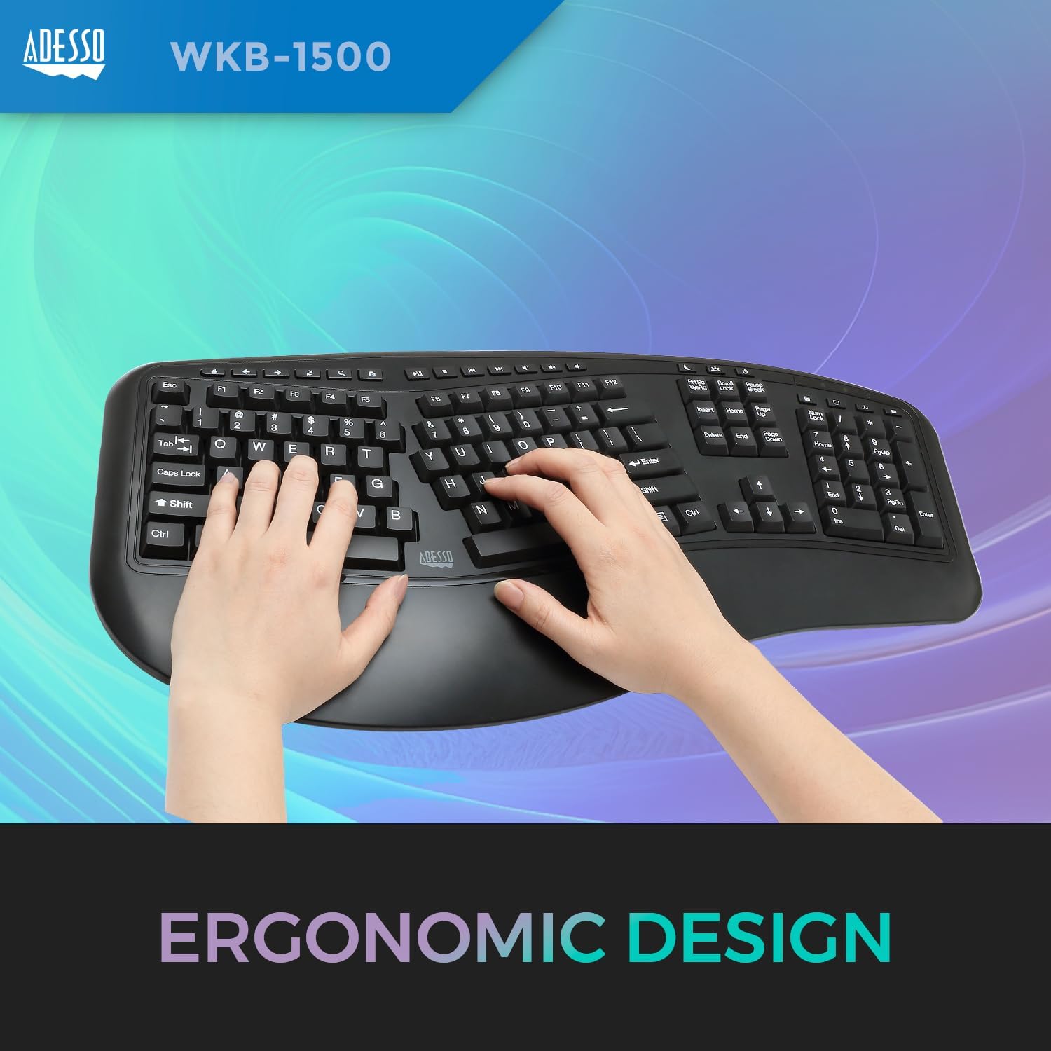 WKB-1500GB - Wireless Ergonomic Desktop Keyboard and Laser Mouse with Split Keys Design and Palm Rest for Comfort