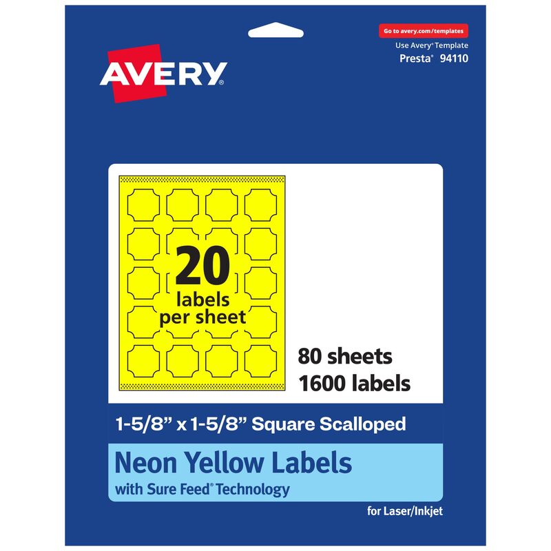 Avery Printable Square Scalloped Labels, Sure Feed Technology, 1-5/8" x 1-5/8", Neon Yellow, Print-to-the-Edge