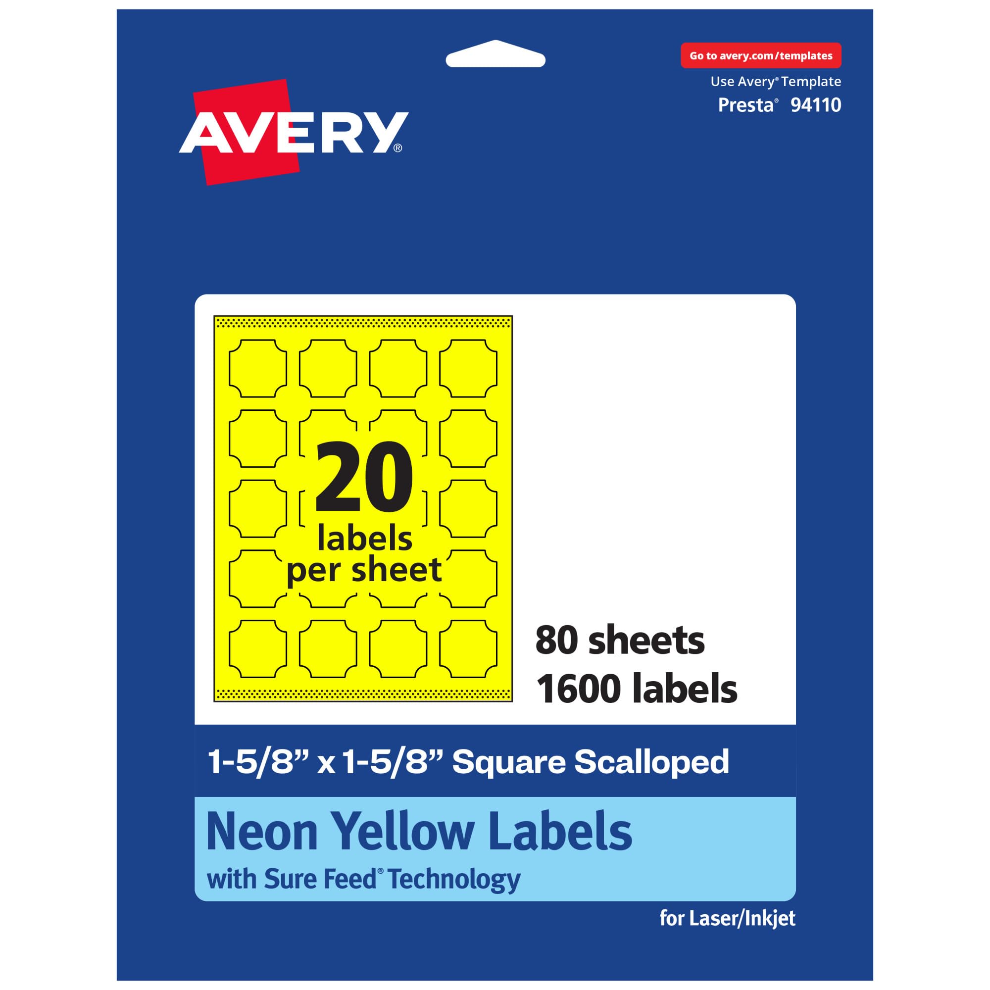 Avery Printable Square Scalloped Labels, Sure Feed Technology, 1-5/8" x 1-5/8", Neon Yellow, Print-to-the-Edge