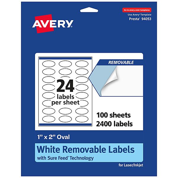 Avery Matte White Removable Oval Labels, Sure Feed Technology, Print-to-the-Edge, 1" x 2"