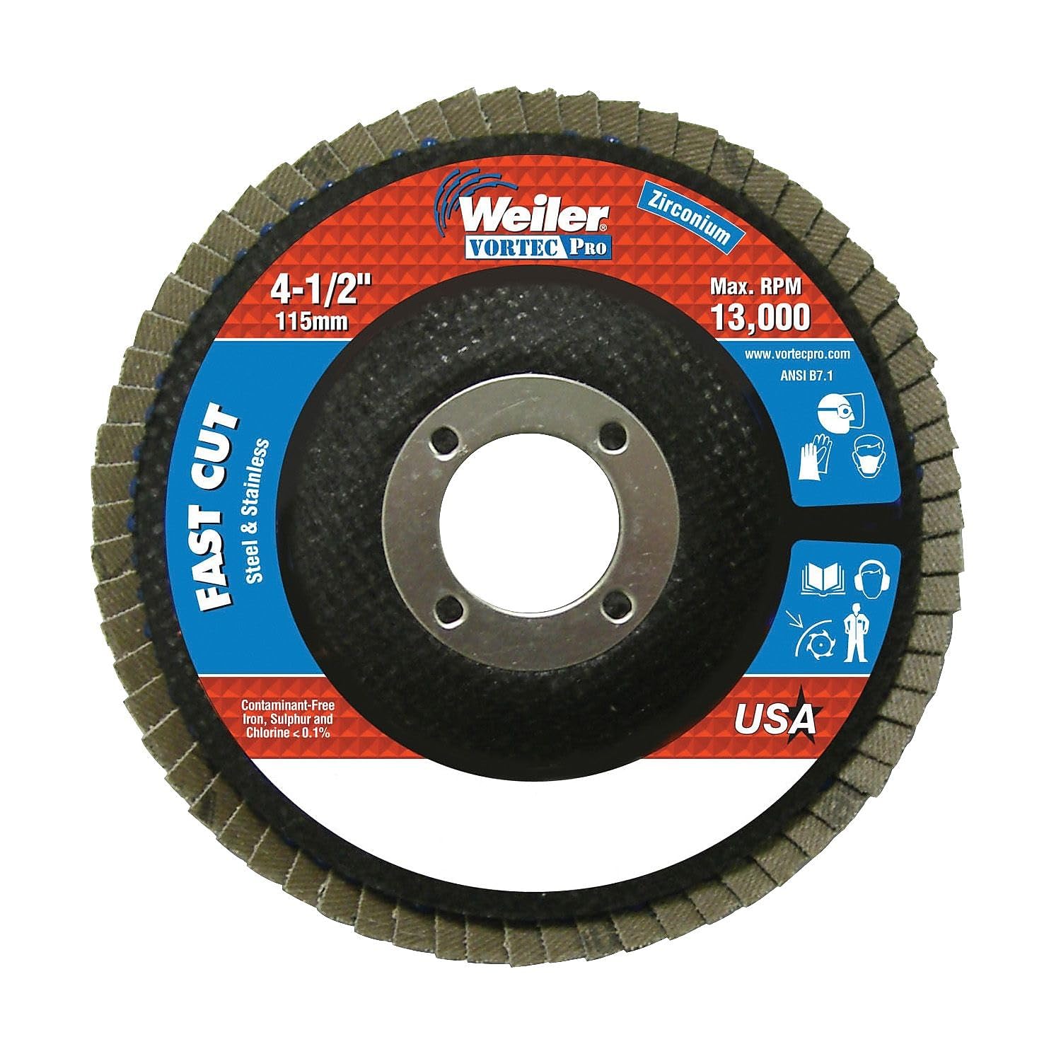 Weiler 804-31347 Vortec Pro Zirconia Alumina Type 29 Flap Disc, 120 Grit, 7/8", 13000 rpm, 4 1/2"