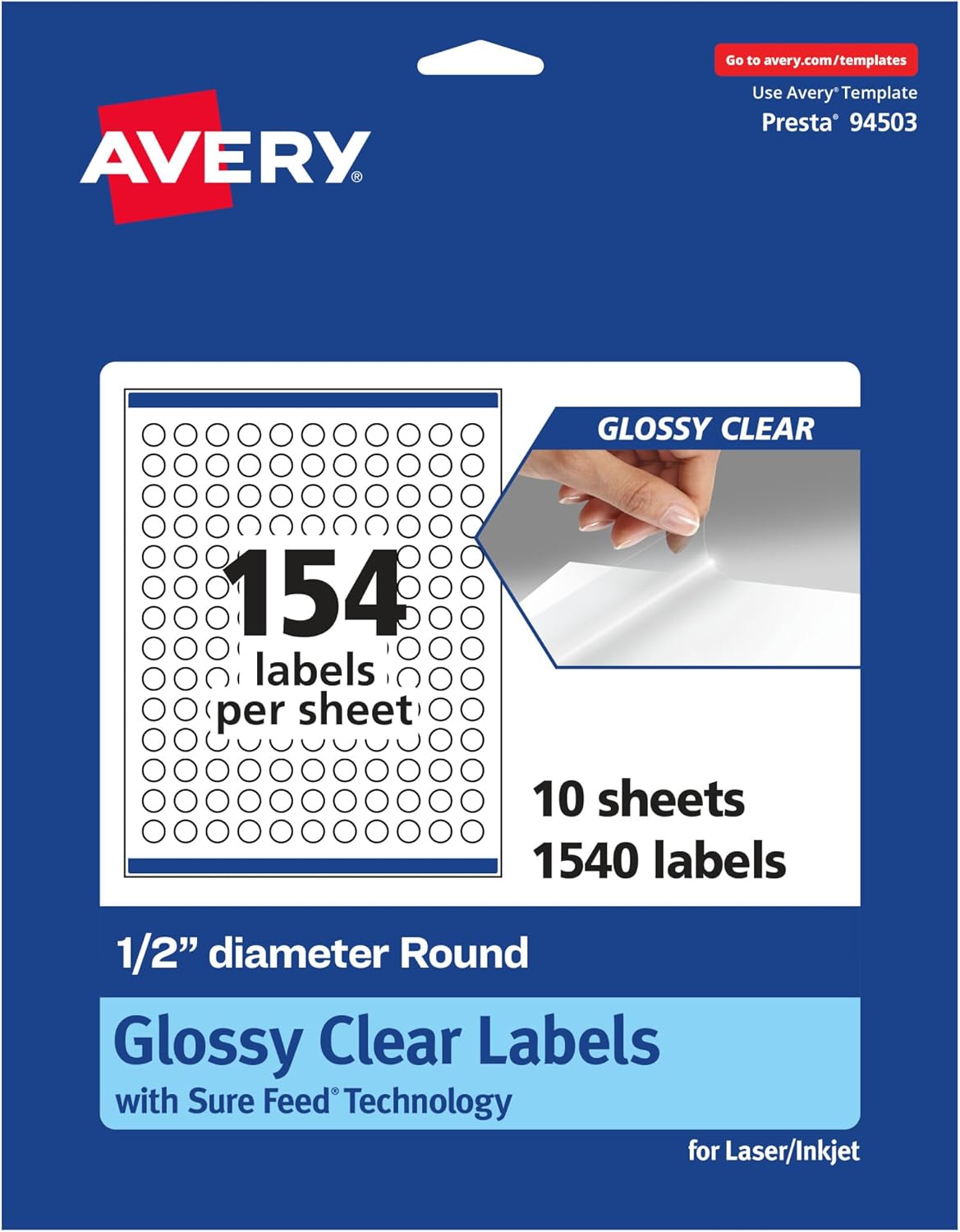 Avery Glossy Clear Round Labels, Sure Feed Technology, 0.5" Diameter, Print-to-The-Edge, Laser/Inkjet Printable