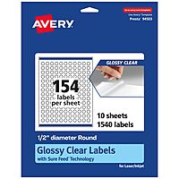 Avery Glossy Clear Round Labels, Sure Feed Technology, 0.5" Diameter, Print-to-The-Edge, Laser/Inkjet Printable