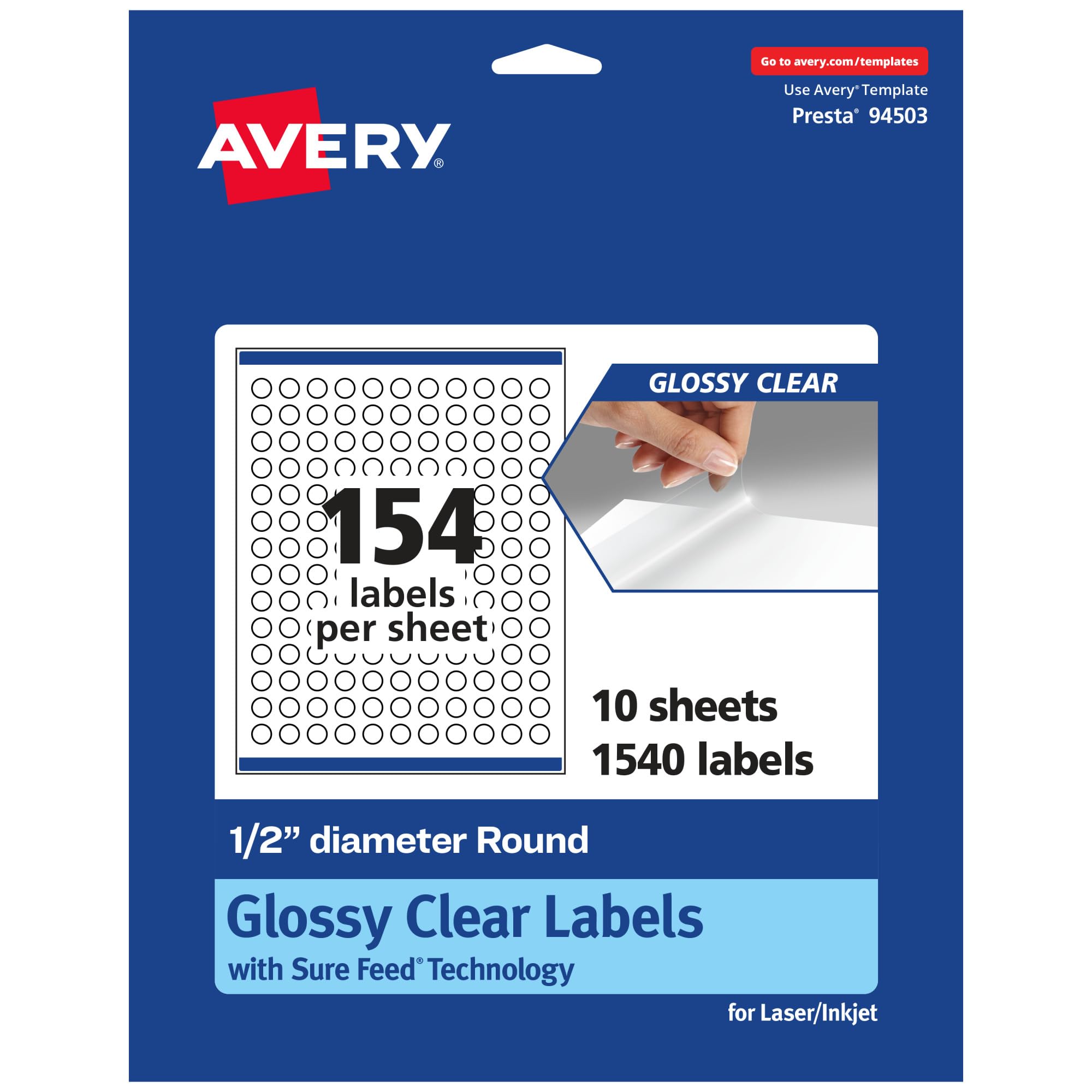 Avery Glossy Clear Round Labels, Sure Feed Technology, 0.5" Diameter, Print-to-The-Edge, Laser/Inkjet Printable