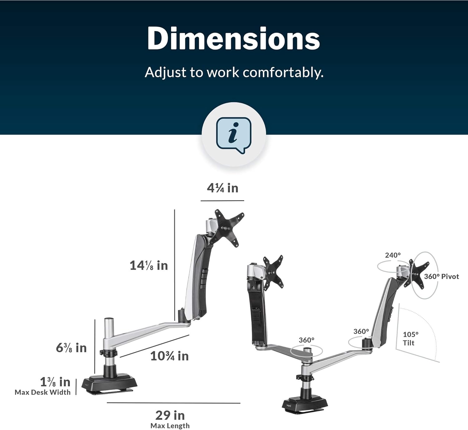 VARI VESA Monitor Arm - Adjustable Desk Mount with 360° Rotation