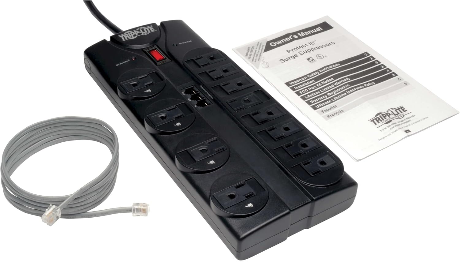 TRIPP LITE 12-Outlet Surge Protector Power Strip with Tel/Modem Protection, 8 ft Right-Angle Cord