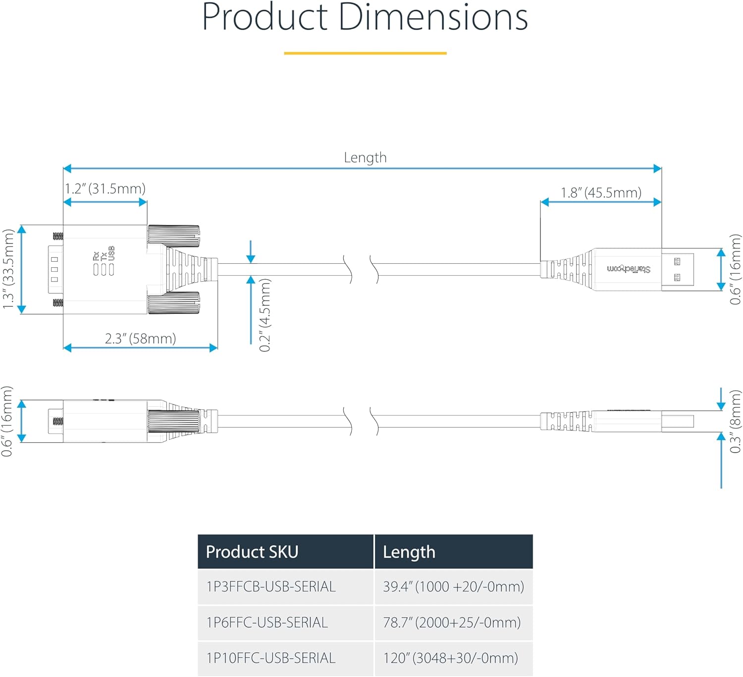 StarTech.com 3ft (1m) USB to Serial Adapter Cable, COM Retention, FTDI, USB-A to DB9 RS232, Interchangeable DB9 Screws/Nuts