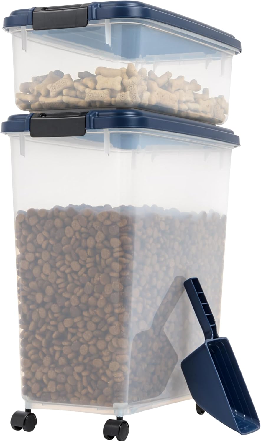 IRIS USA Airtight Dog Food Storage Container, 40 lbs & 14 lbs Combo, Stackable Treat Box, 2-Cup Scoop, Wheels, Keep Fresh, Easy Mobility, Navy Clear/Navy - Black Buckle