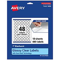 AVERY 1" Glossy Clear Starburst Labels, Sure Feed Technology, Print-to-The-Edge