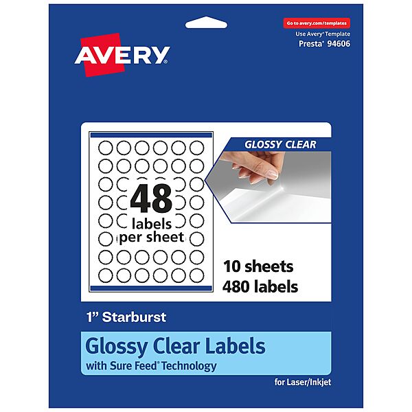 AVERY 1" Glossy Clear Starburst Labels, Sure Feed Technology, Print-to-The-Edge