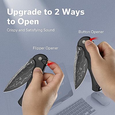 CIVIVI Button Lock Praxis Pocket Knife for EDC, Upgrade Folding Knife with Flipper 3.75" Damascus Blade plus Aluminum Handle