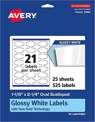 Avery Glossy White Oval Scalloped Labels, Sure Feed Technology, 1-1/8" x 2-1/4"
