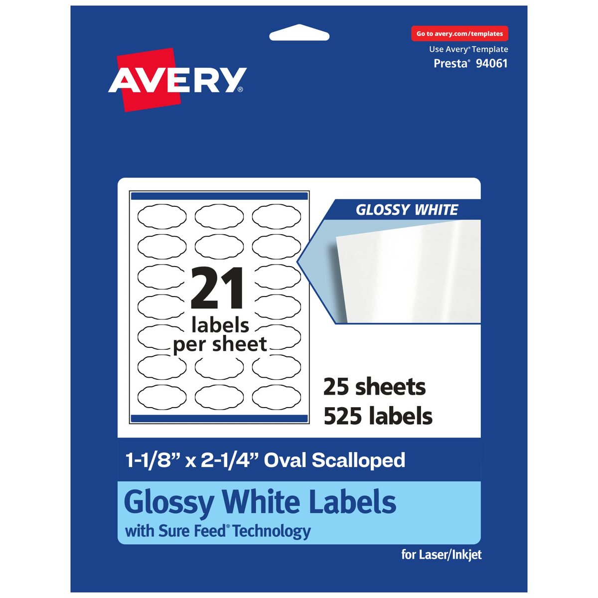 Avery Glossy White Oval Scalloped Labels, Sure Feed Technology, 1-1/8" x 2-1/4"