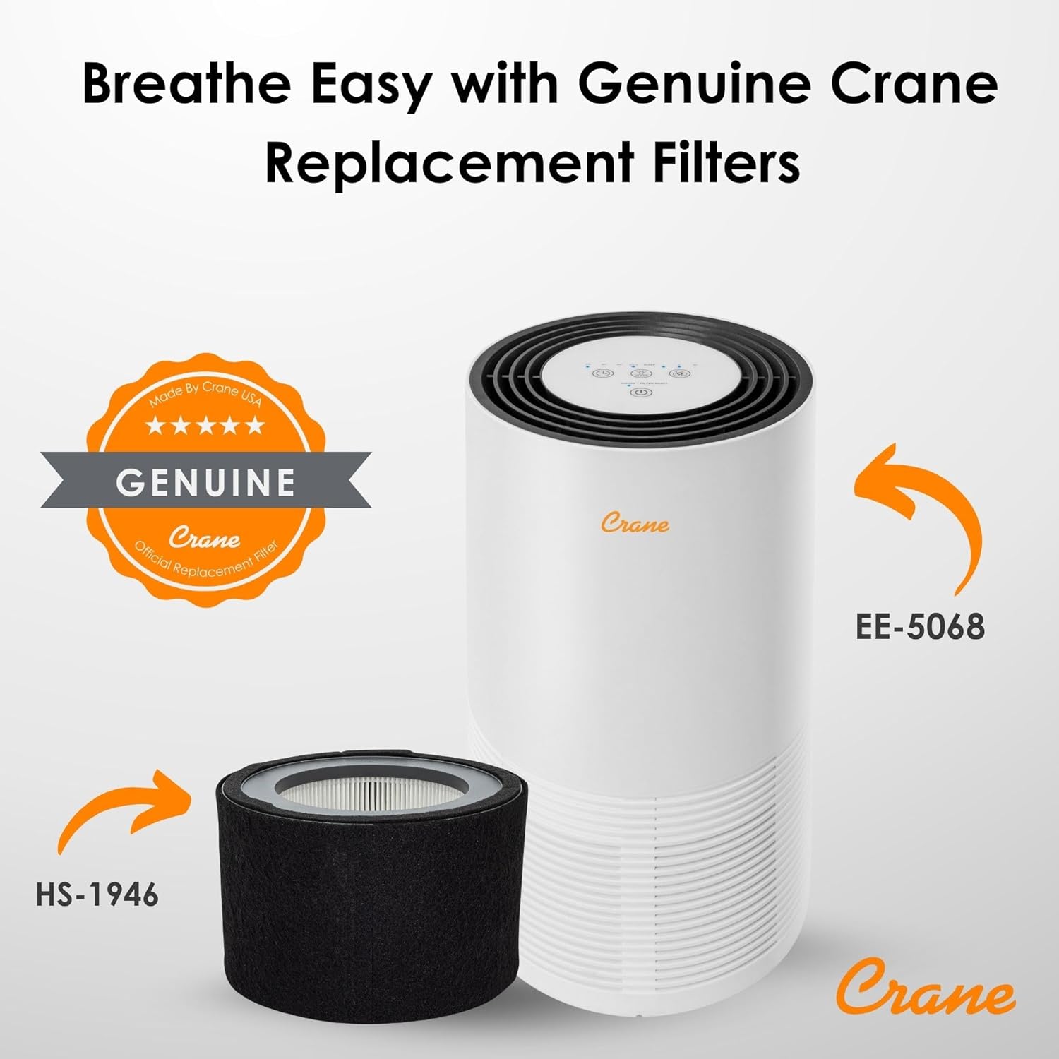 Crane Genuine Air Purifier Replacement Filter For Model EE-5068, HS-1946 HEPA Air Filter Replacement, Pack Of 1