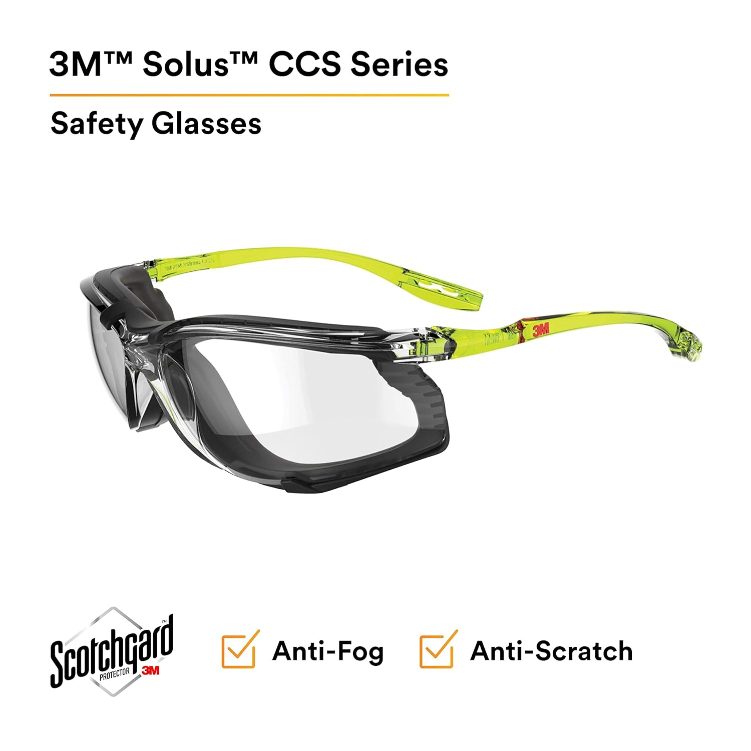 3M Safety Glasses, Solus CCS Series, Pack of 1, ANSI Z87, Scotchgard Anti-Fog Coating, Clear Lens