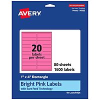 Avery Printable Rectangle Labels, Sure Feed Technology, 1" x 4", Bright Pink