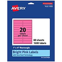 Avery Printable Rectangle Labels, Sure Feed Technology, 1" x 4", Bright Pink