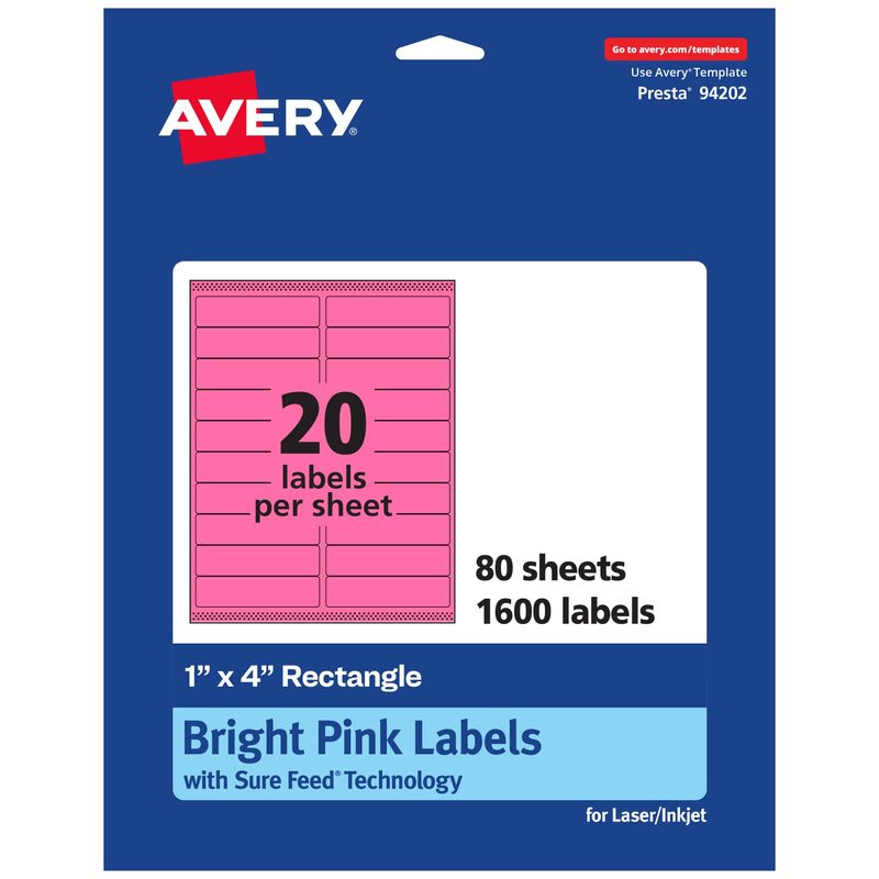 Avery Printable Rectangle Labels, Sure Feed Technology, 1" x 4", Bright Pink