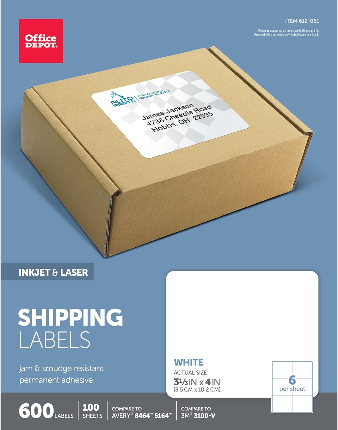 Office Depot White Inkjet/Laser Shipping Labels, 3 1/3in. x 4in., Box of 600, 505-O004-0010
