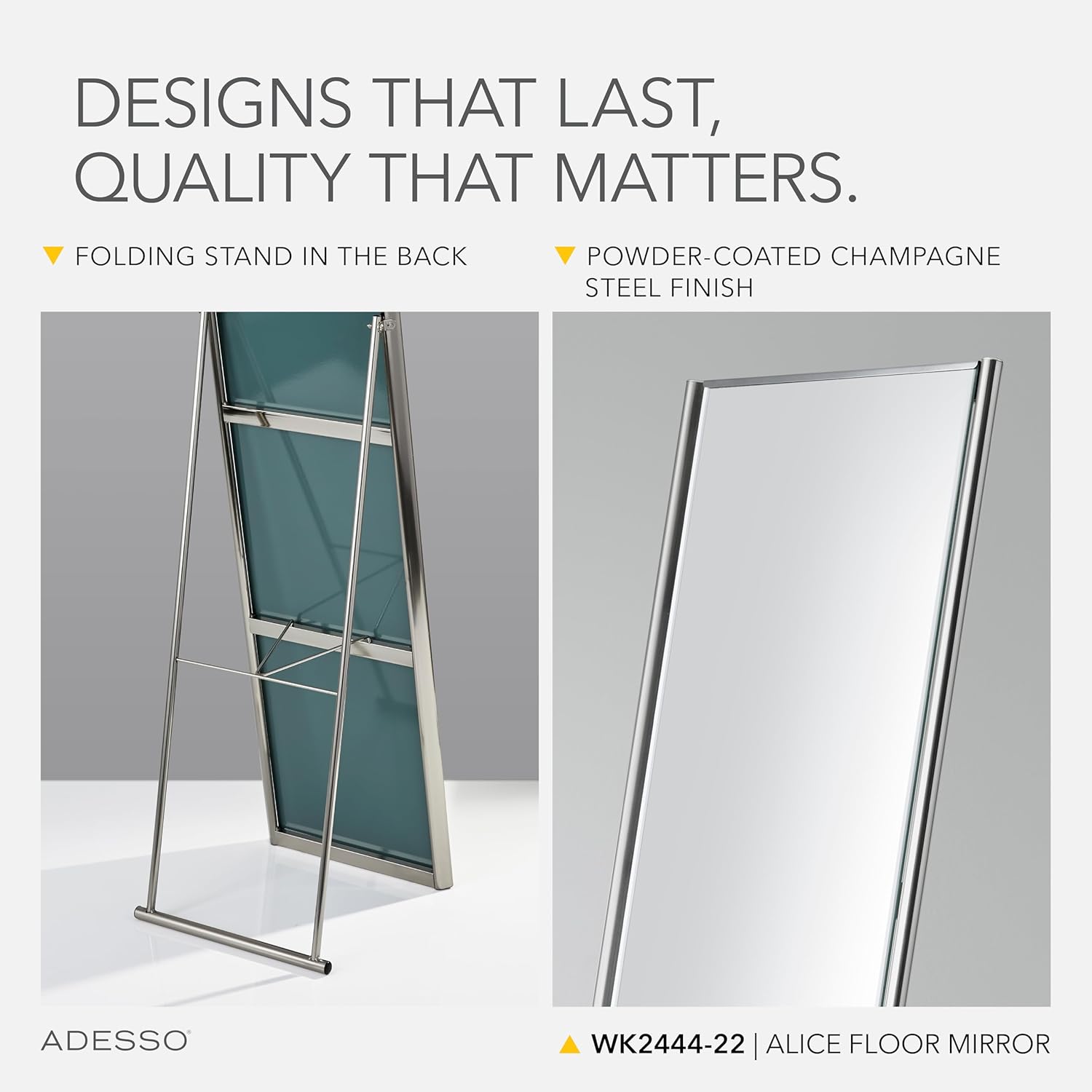 Adesso Alice Floor Mirror, Freestanding, Full Length Mirror with Foldable Kickstand, Lightweight, Brushed Steel Frame