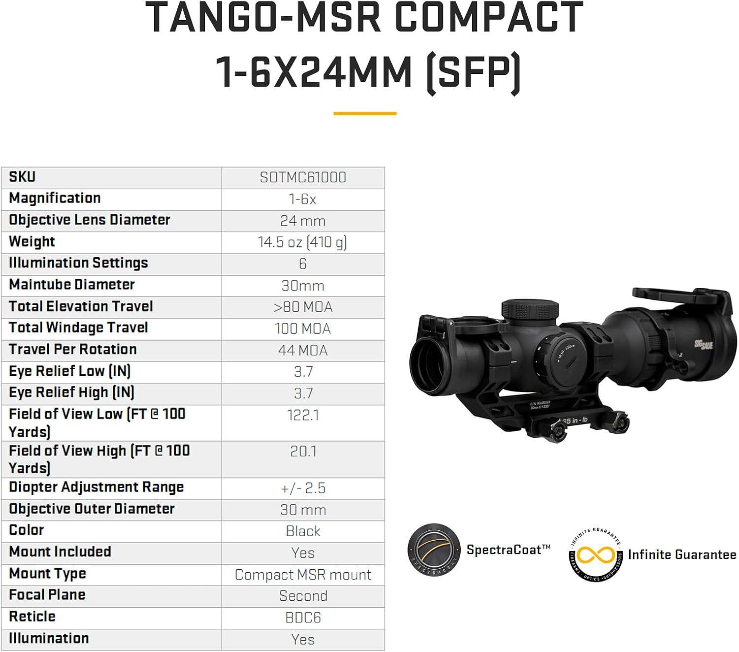 SIG SAUER Tango-MSR Compact LPVO 1-6x24 30mm Tube Second Focal Plane/SFP/F2 Shockproof Waterproof Tactical Riflescope