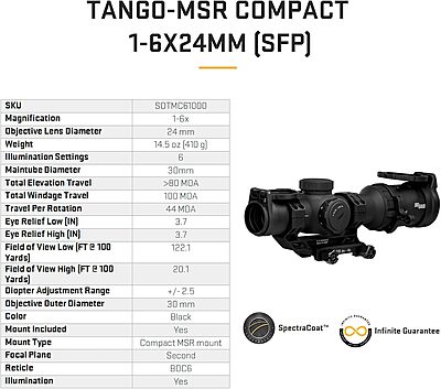 SIG SAUER Tango-MSR Compact LPVO 1-6x24 30mm Tube Second Focal Plane/SFP/F2 Shockproof Waterproof Tactical Riflescope | Illuminated BDC-6 Reticle, Alpha-MSR Mount, Flip-Back Caps Included, SOTMC61000