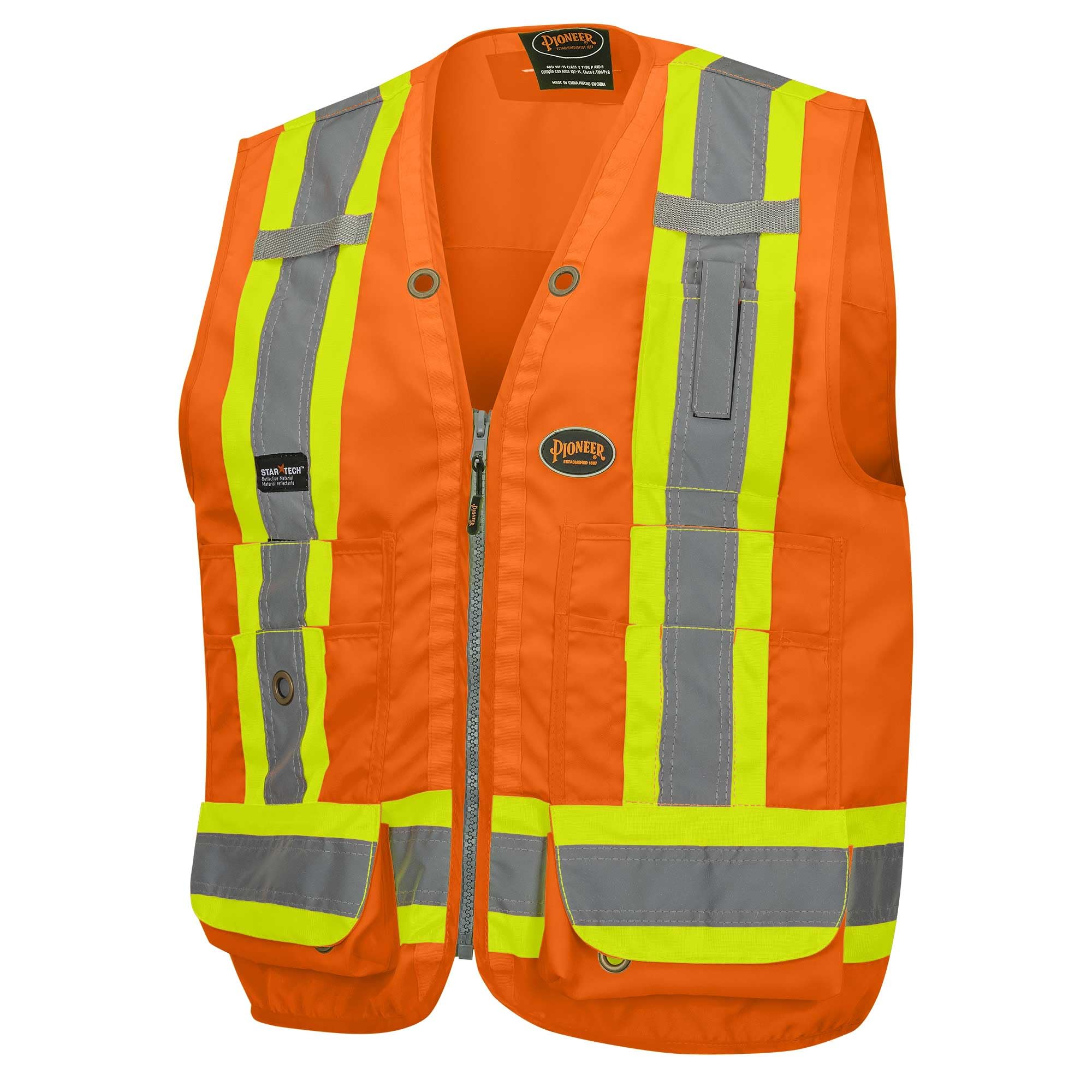PIONEER Surveyor Safety Vest – Hi-Vis Reflective Woven 150D, 19 Pockets, Zipper