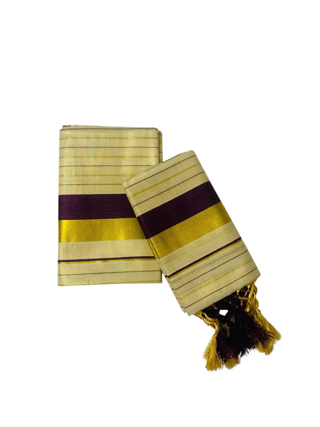 Women's Kuthampully Kerala Kasavu Set mundu Tissue with Kunjam | Kerala Tissue set mundu latest collections | Kuthampully Stripe Kasavu set mundu - Multi color KTM-902 (WineRed-Gold)