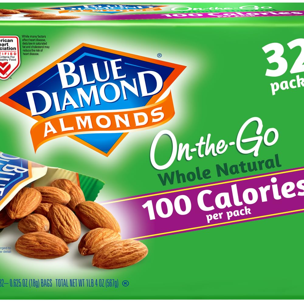 Blue Diamond Almonds Whole Natural Raw Snack Nuts, 100 Calorie Travel Bags, 32 count