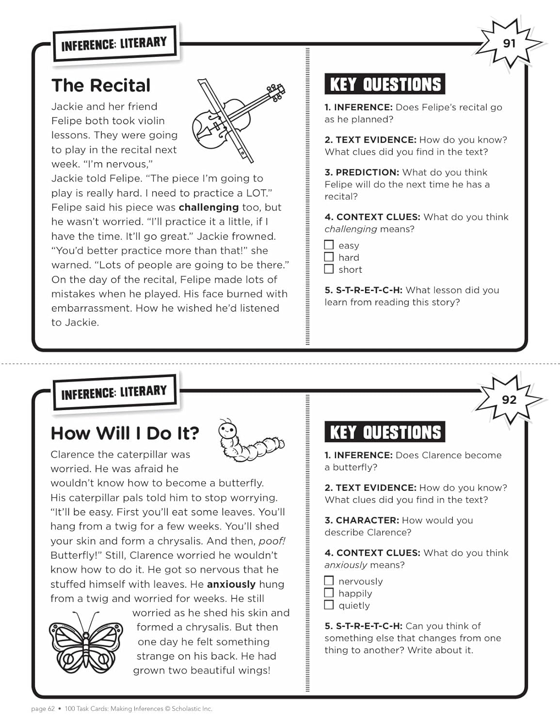 100 Task Cards: Making Inferences: Reproducible Mini-Passages With Key Questions to Boost Reading Comprehension Skills