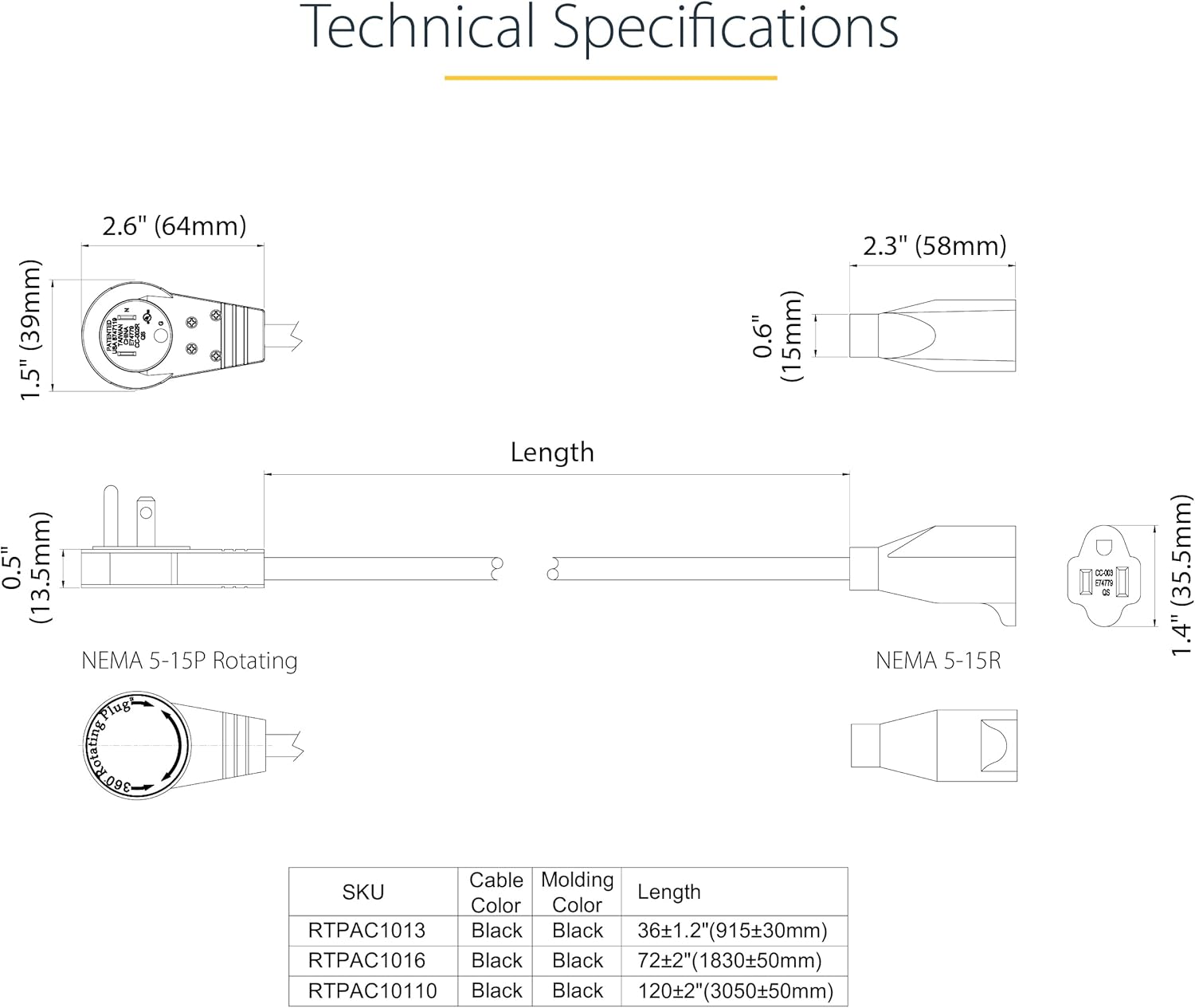 StarTech.com Power Extension Cord NEMA 5-15P to NEMA 5-15R