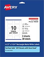 Avery Durable Removable Rectangle Labels, Sure Feed Technology, 1.5" x 2.75", Matte White Film