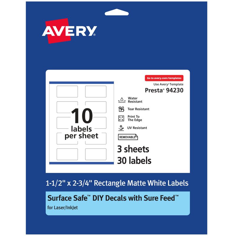 Avery Durable Removable Rectangle Labels, Sure Feed Technology, 1.5" x 2.75", Matte White Film