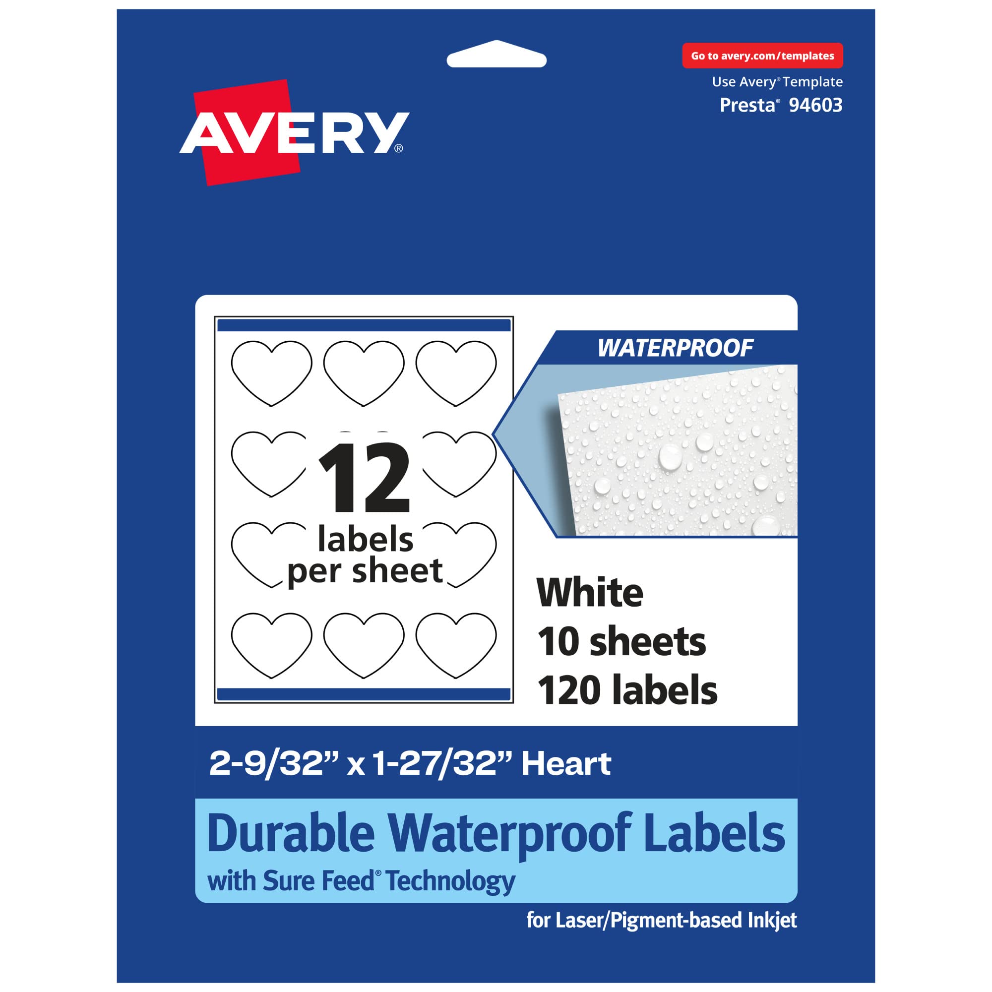 Avery Durable Waterproof Heart Labels, Sure Feed Technology, 2-9/32" x 1-27/32"