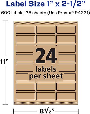 Avery Kraft Brown Rectangle Labels, Sure Feed Technology, 1" x 2.5"