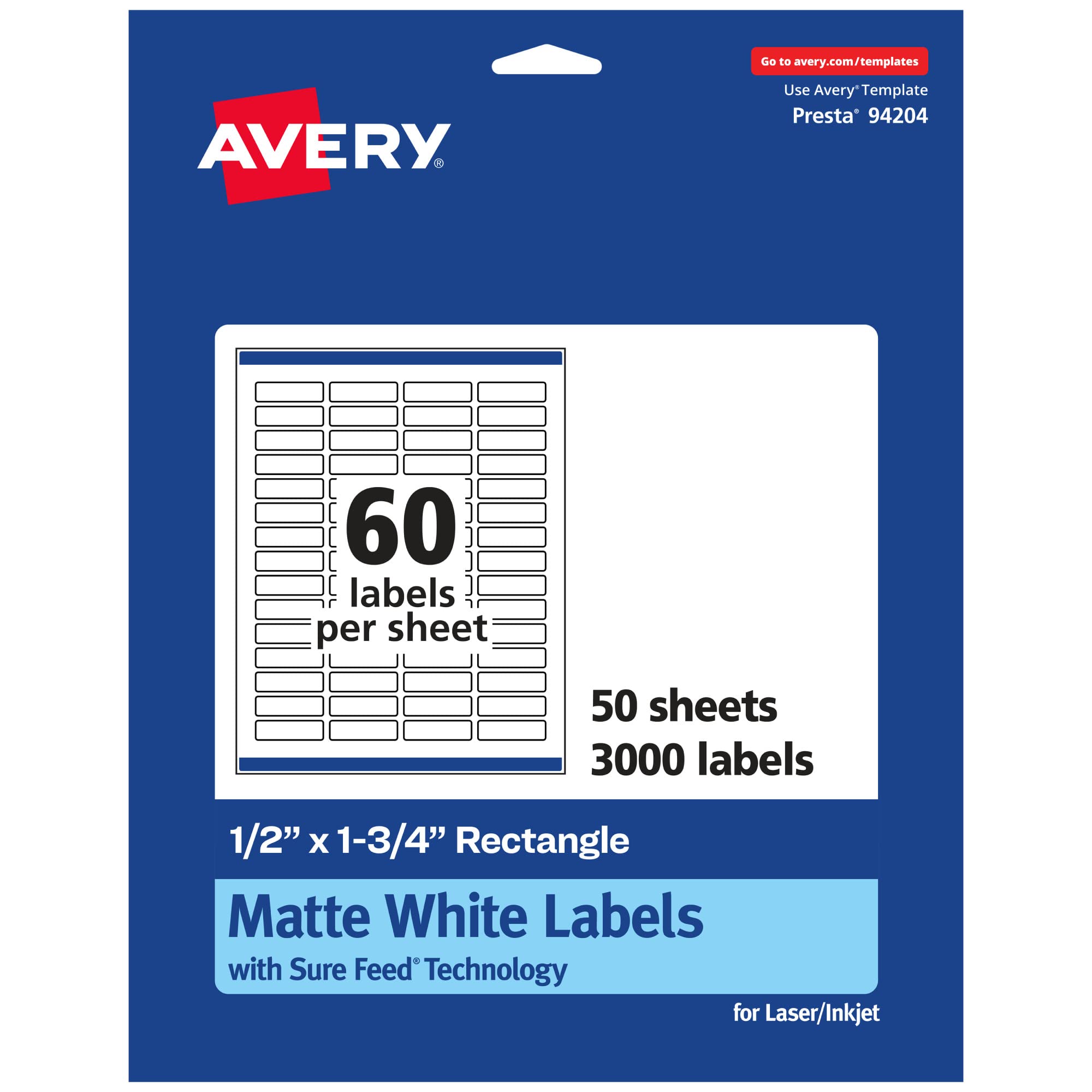 AVERY Matte White Rectangle Labels, Sure Feed Technology, 0.5" x 1.75"