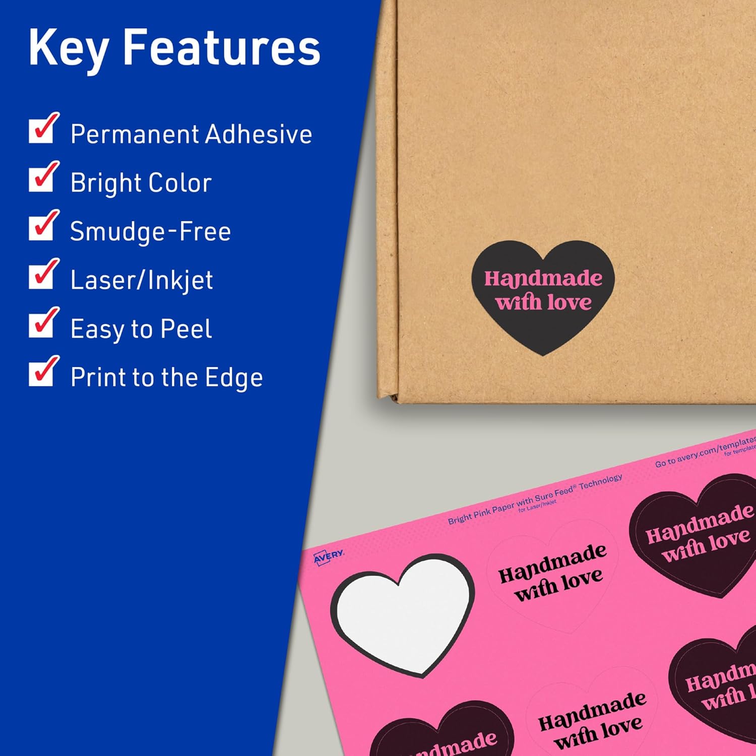 Avery Printable Heart Labels, Sure Feed Technology, 2-9/32" x 1-27/32", Bright Pink, Print-to-The-Edge