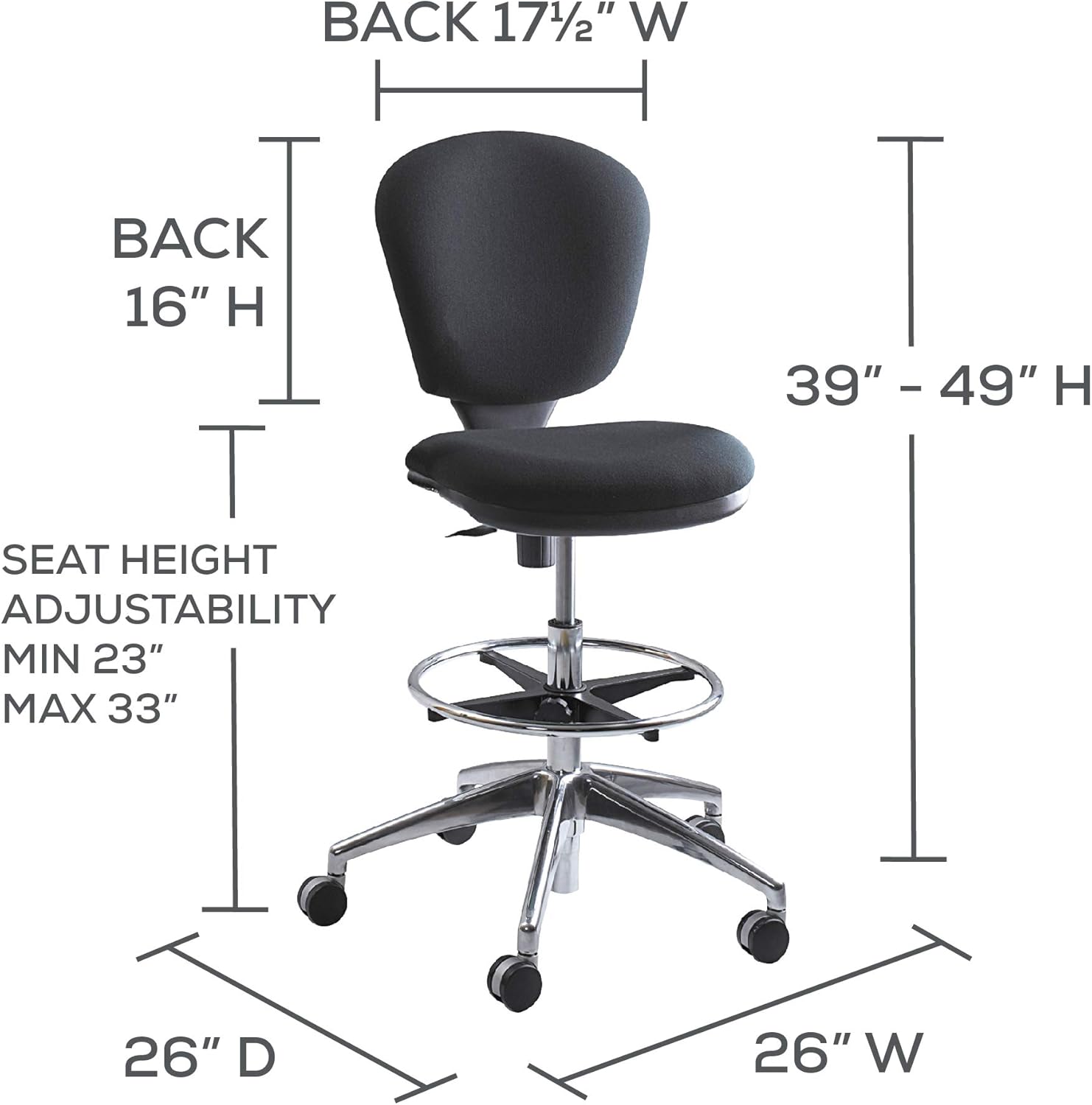 Safco Metro Ergonomic Office Chair, Extended-Height, Adjustable with Swivel Base, Padded, Black Padded Black