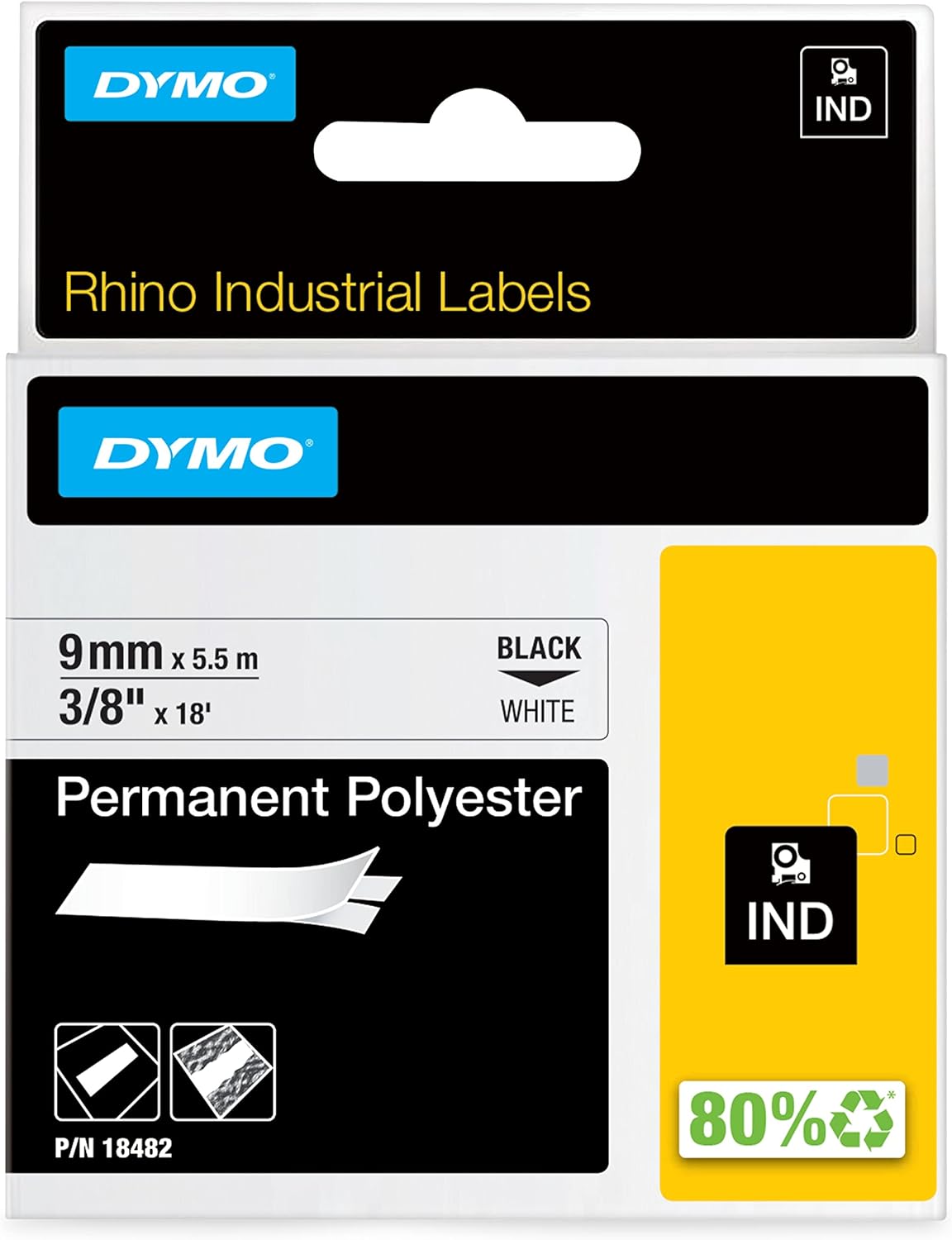 DYMO Rhino Industrial Permanent Polyester Labels, Black Print on White Tape