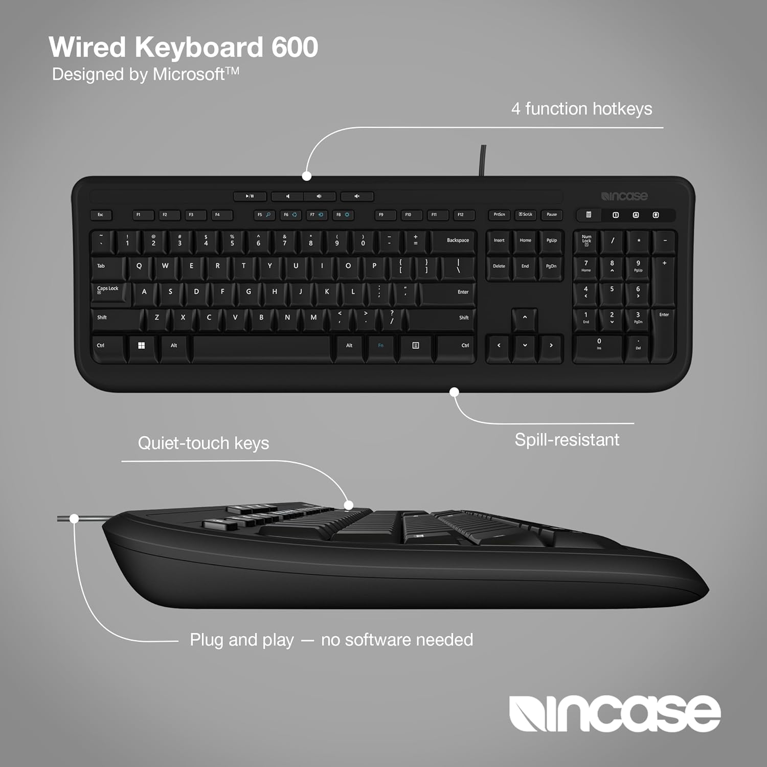 Incase Wired Keyboard 600 – Designed by Microsoft – Spill Resistant, Quiet Touch Keys, Plug and Play, 4 Hotkeys