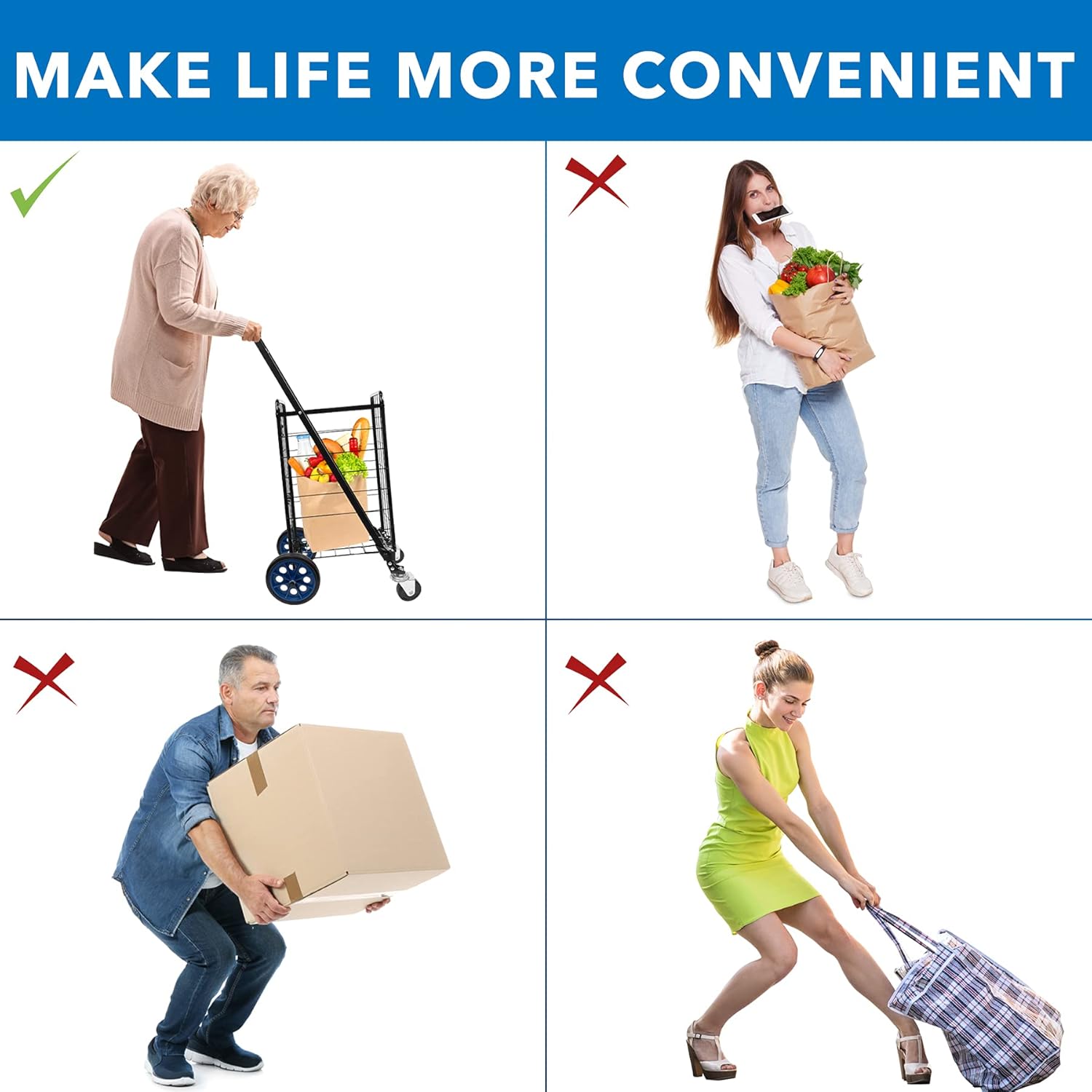 Mount-It! Foldable Shopping Cart with 360° Swivel Wheels, Portable Grocery Cart on Wheels with Extended Foam Handle