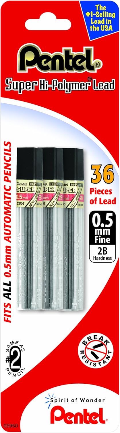 Pentel Super Hi-Polymer Leads, 0.5 mm, 2B, 12 Leads Per Tube, Pack Of 3 Tubes